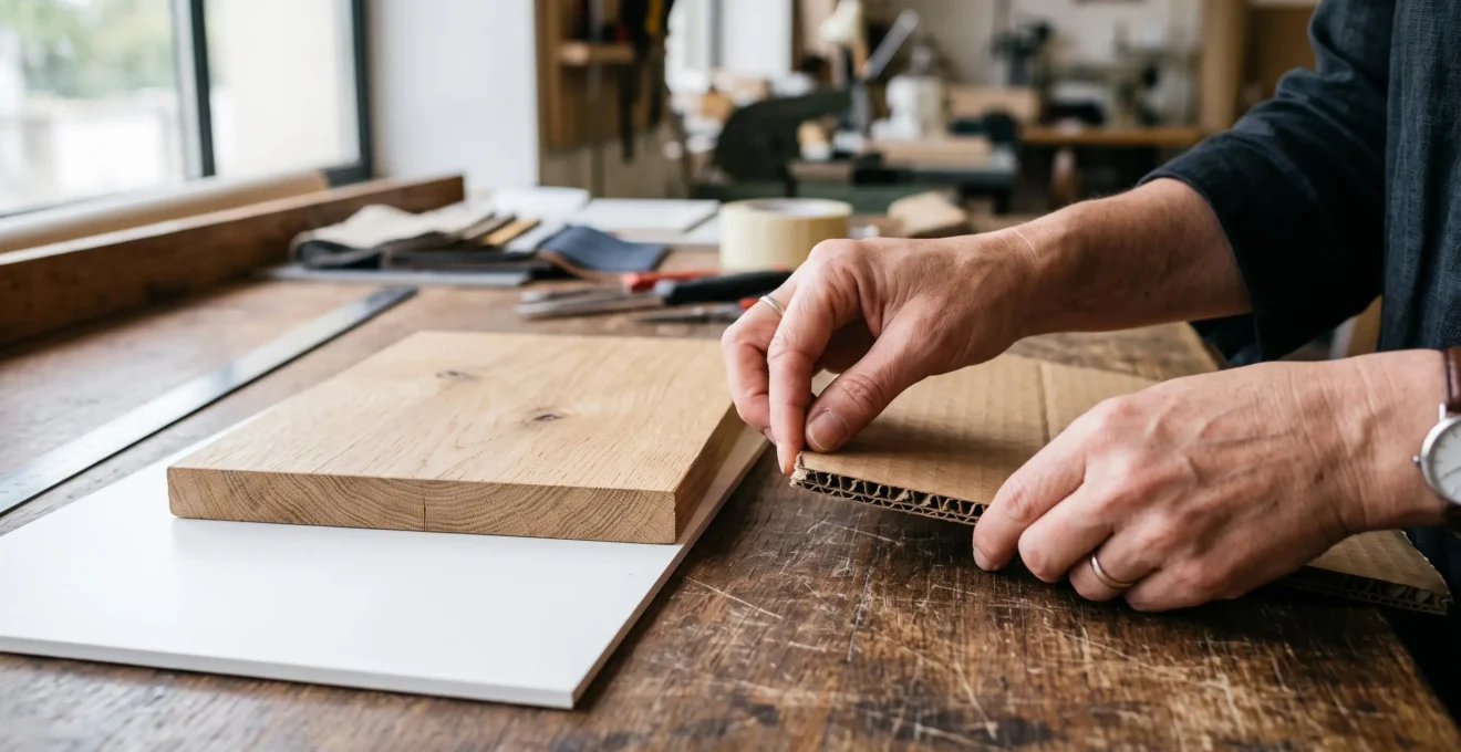 Des mains comparent des échantillons de carton, bois et PVC sur une table.