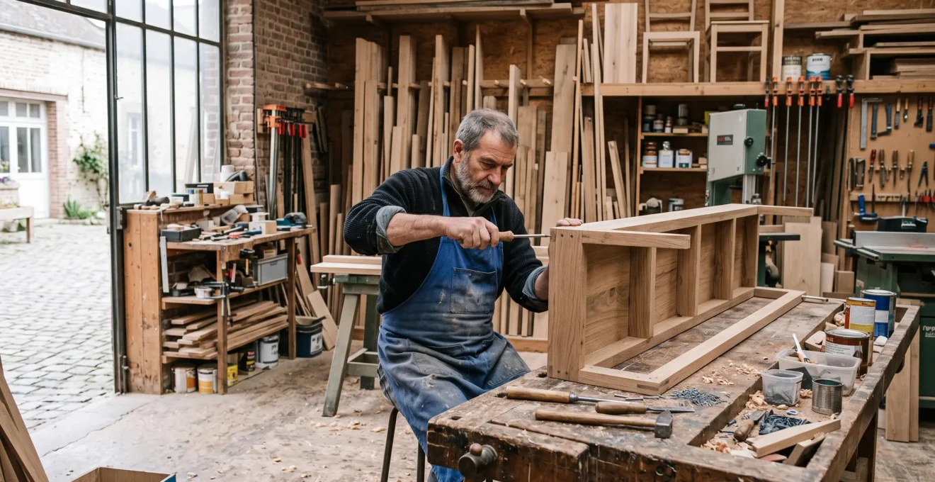 Un menuisier assemble un présentoir en bois dans son atelier.
