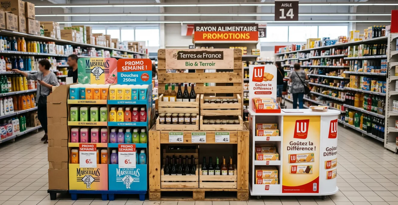 Plusieurs présentoirs de sol en carton, bois et PVC alignés dans un magasin.
