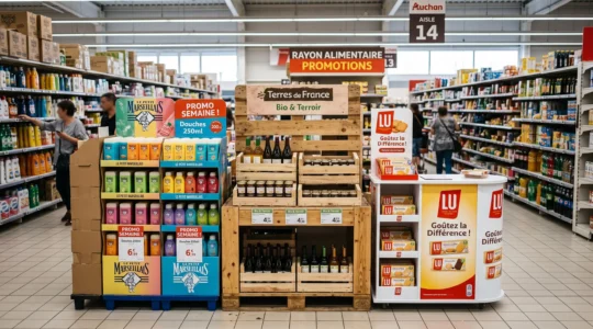 Plusieurs présentoirs de sol en carton, bois et PVC alignés dans un magasin.