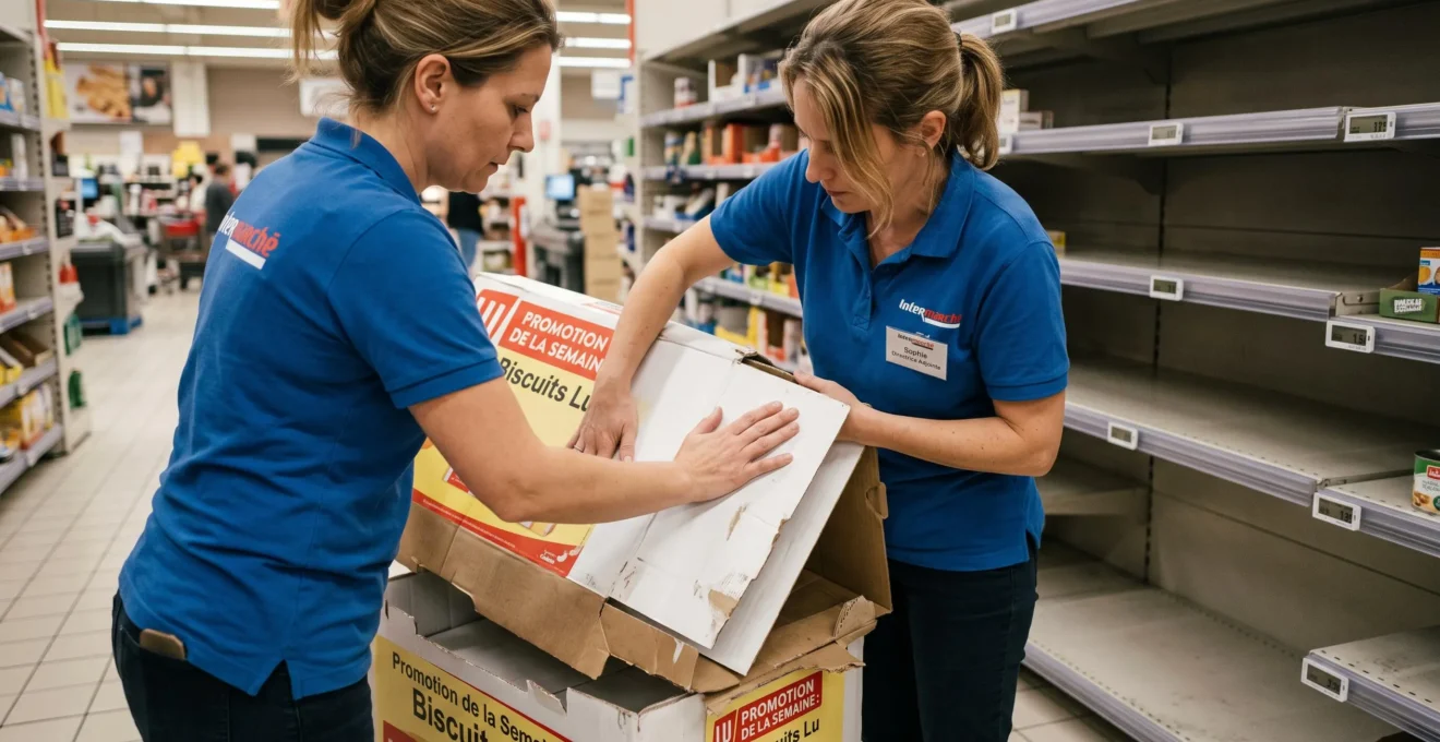 Un responsable de magasin replie un présentoir en carton après une promotion.